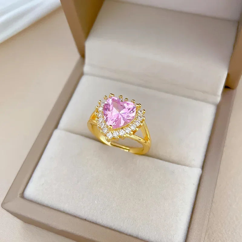 luckacco high quality pink heart crystal adjustable rings for women charm gold color stainless steel wedding bride jewelry gift colorfast