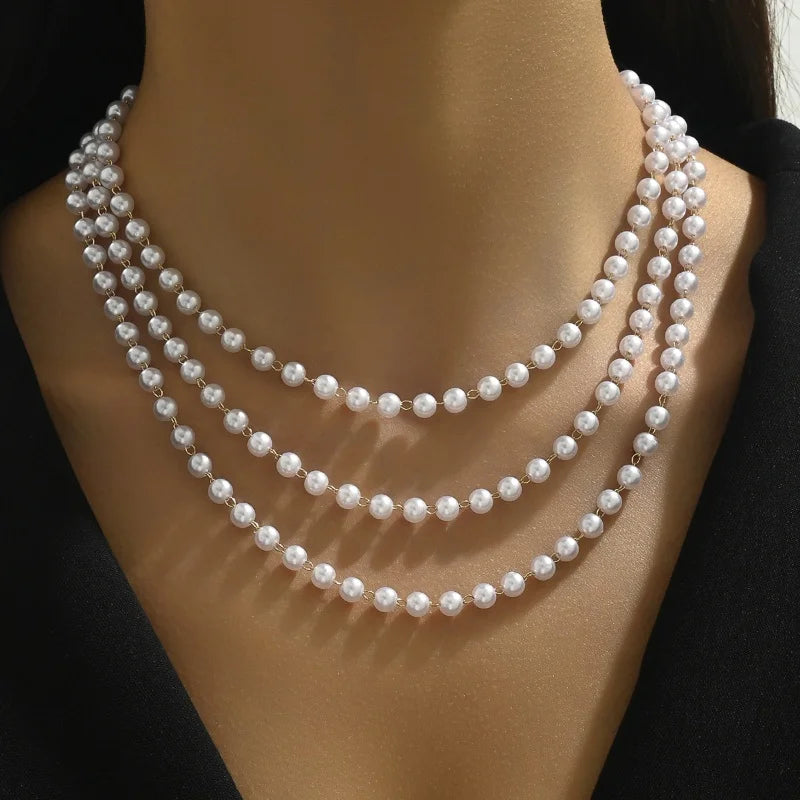 luckacco simple imitation pearl multi-layer chain beaded necklace women's fashion girl white wedding dress bride banquet jewelry gift