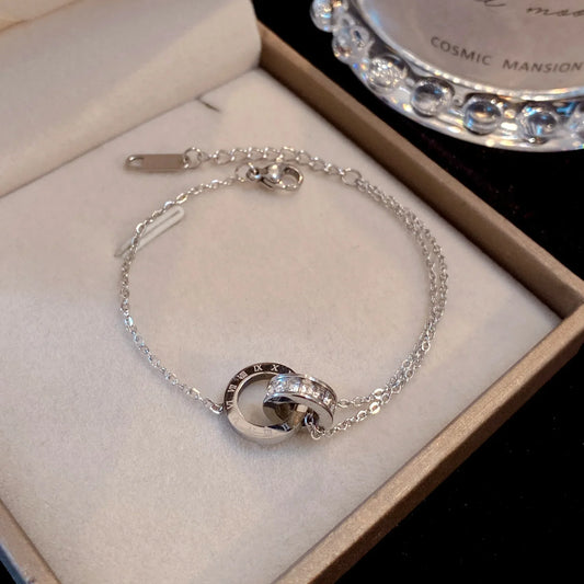 Luckacco Personality Roman Numeral Double Ring Cross Zircon Bracelet for Women Korea Fashion Gold Color Stainless Steel Bangle Jewelry