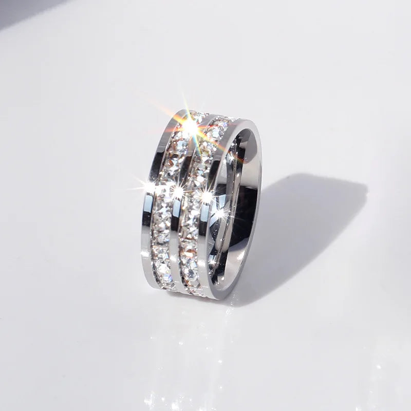 luckacco clear white stones wedding women ring stainless steel 1 and 2 rows bling zircon fashion pair ring female jewelry