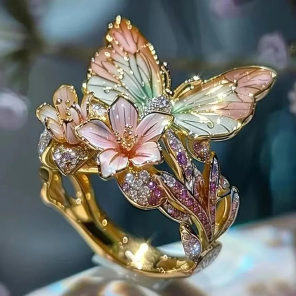 luckacco aesthetic flower butterfly rings for female romantic rhinestone stylish non-fading opening ring women wedding jewelry party gift