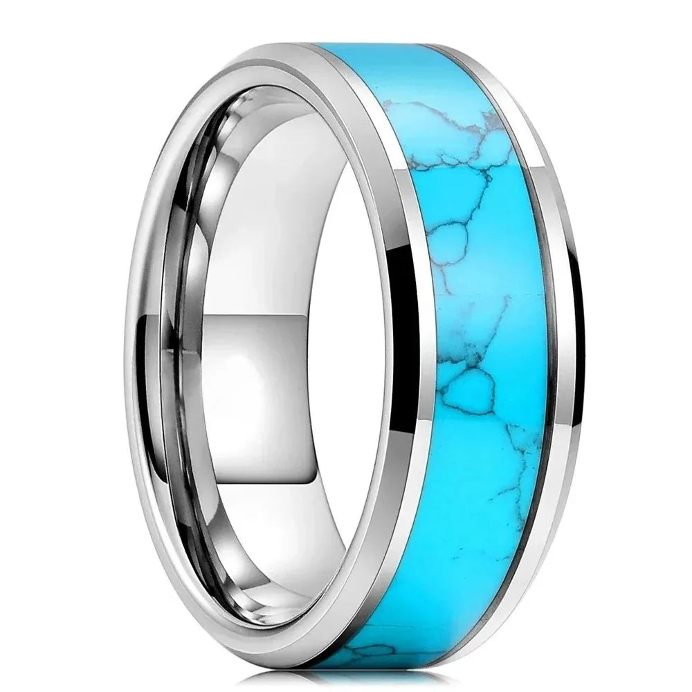 luckacco fashion 8mm men stainless steel rings inlay meteorite abalone shell rings for men women wedding engagement band jewelry gift