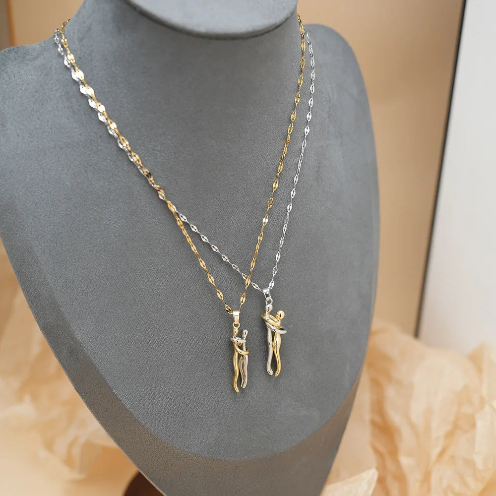 luckacco ftcy stainless steel couple hugging necklace pendant for women men gold silver color couple love chain friend gift party jewelry