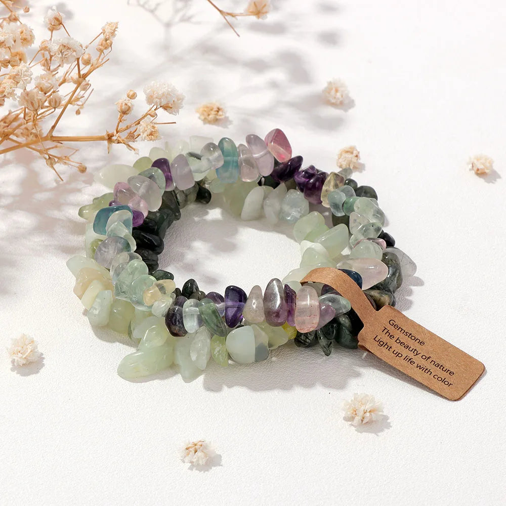 luckacco 3pcs natural chip stone bracelet set irregular fluorite quartzs stretch bracelet with tag healing jewelry gifts for women men