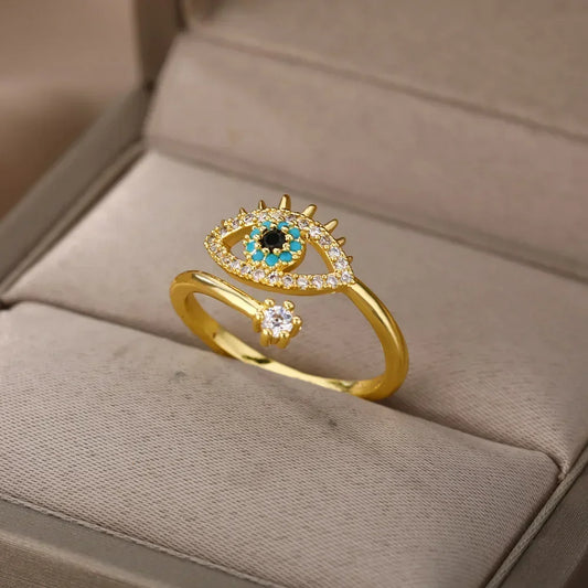 Luckacco Silver Plated Evil Eye Rings for Women Stainless Steel Turkish Zircon Demon Eye Couple Ring Vintage Emo Jewelry Anillos Mujer