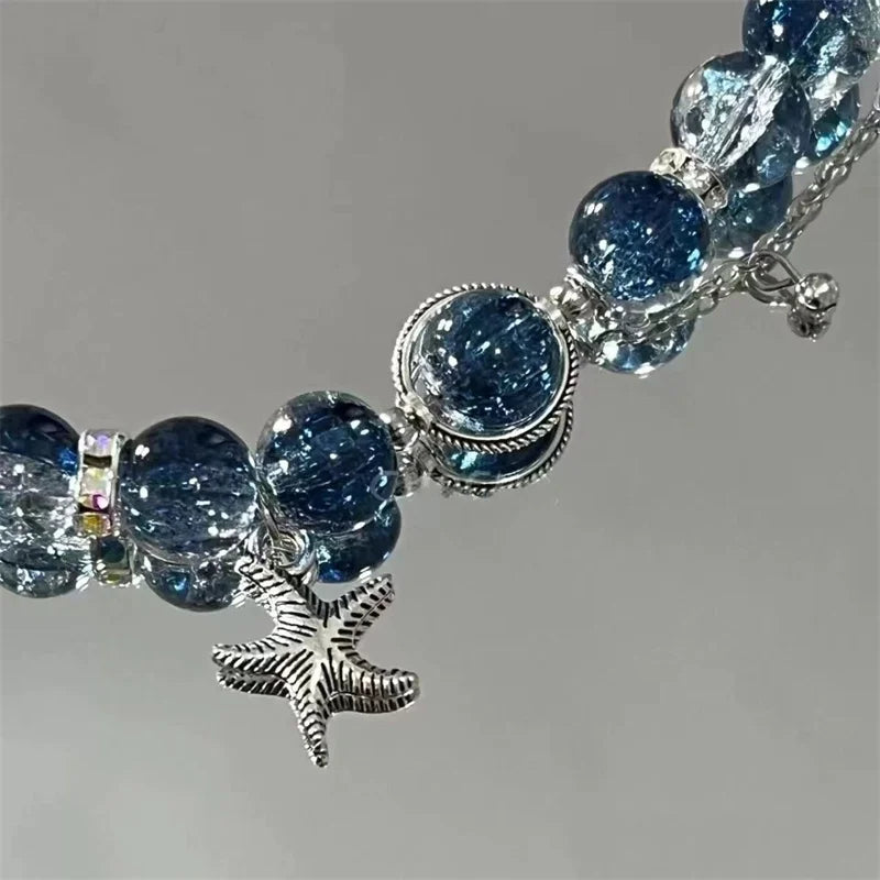 luckacco niche design starfish chain tassel bracelet for women fantasy gradient blue crystal beads elastic rope bracelet student jewelry