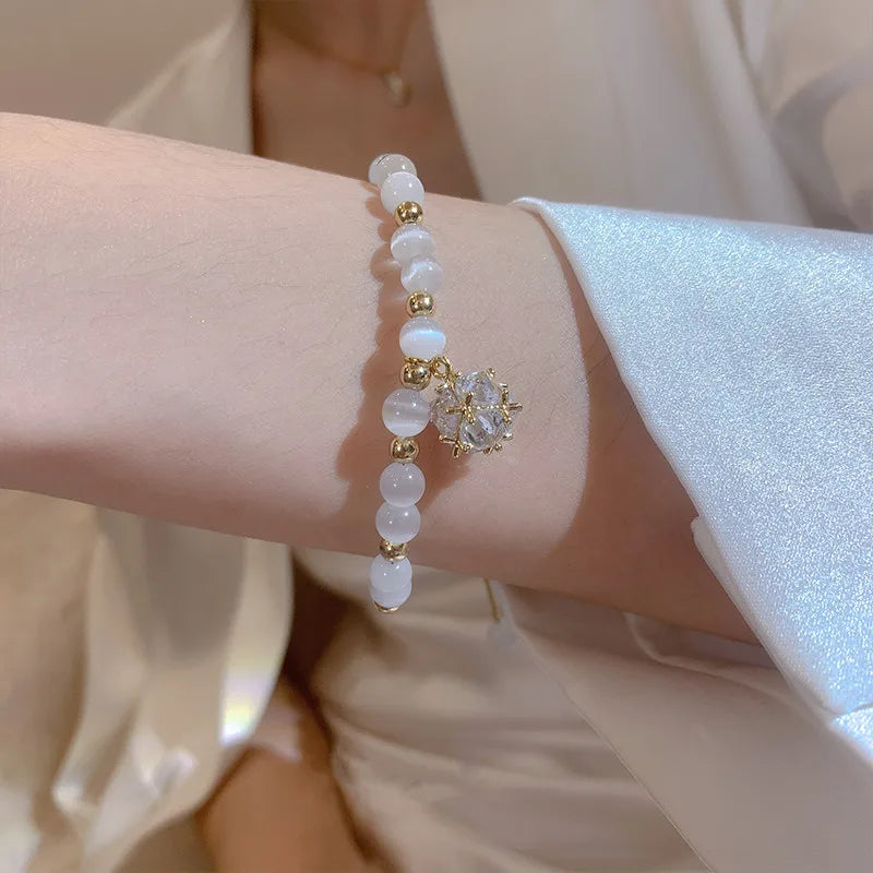 luckacco cat eye stone bead bracelet for women girls rhinestone crystal pendant bracelet exquisite adjustable bracelet wristband jewelry