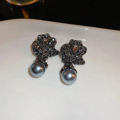 Luckacco Inlaid Rhinestone Asymmetrical Pearl Earrings for Women Palace Style Retro Fringe Drop Earring Exaggerated Jewelry