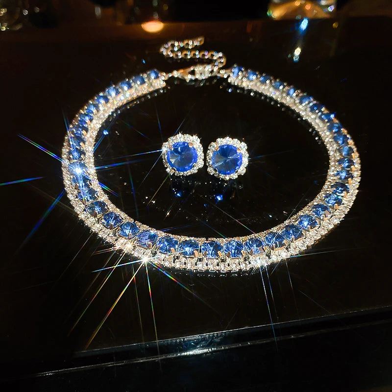 luckacco luxury green rhinestone necklace stud earrings for women crystal choker necklaces ladies fashion weddings banquet jewelry set
