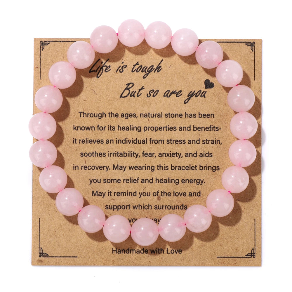 luckacco natural rose quartzs bracelets for women men relaxing anxiety energy healing natural stone bead bracelet with encouragement card