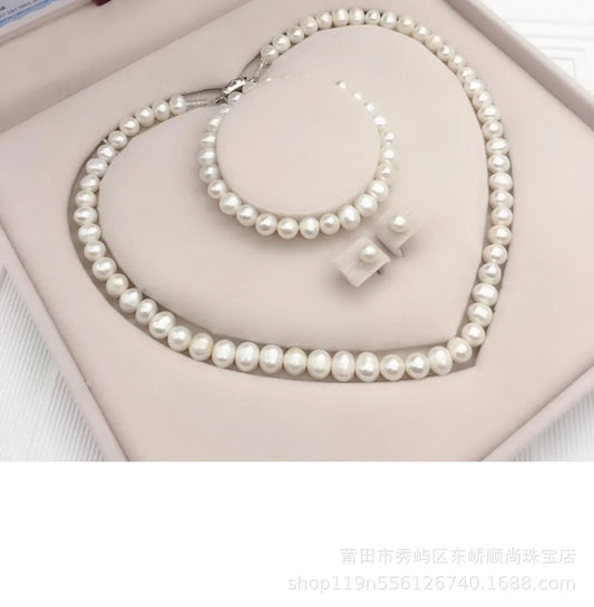 Luckacco 8-9mm Near Round White Natural Freshwater Pearl Necklace Red/Green Waterdrop Chalcedony Bracelet Earrings for Mother Jewelry Set
