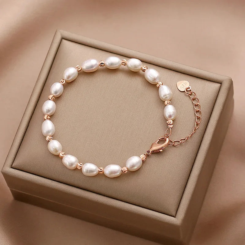 luckacco kpop oval imitation pearl bracelets for woman elegant baroque champagne pearl beads chain charm bracelet wedding jewelry