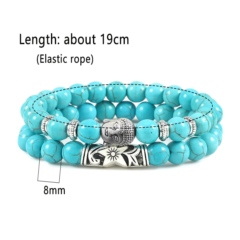 luckacco 2pcs/set buddha head bracelet for women men natural tiger eye lava stone yoga beads distance bracelets charm couple jewelry gift