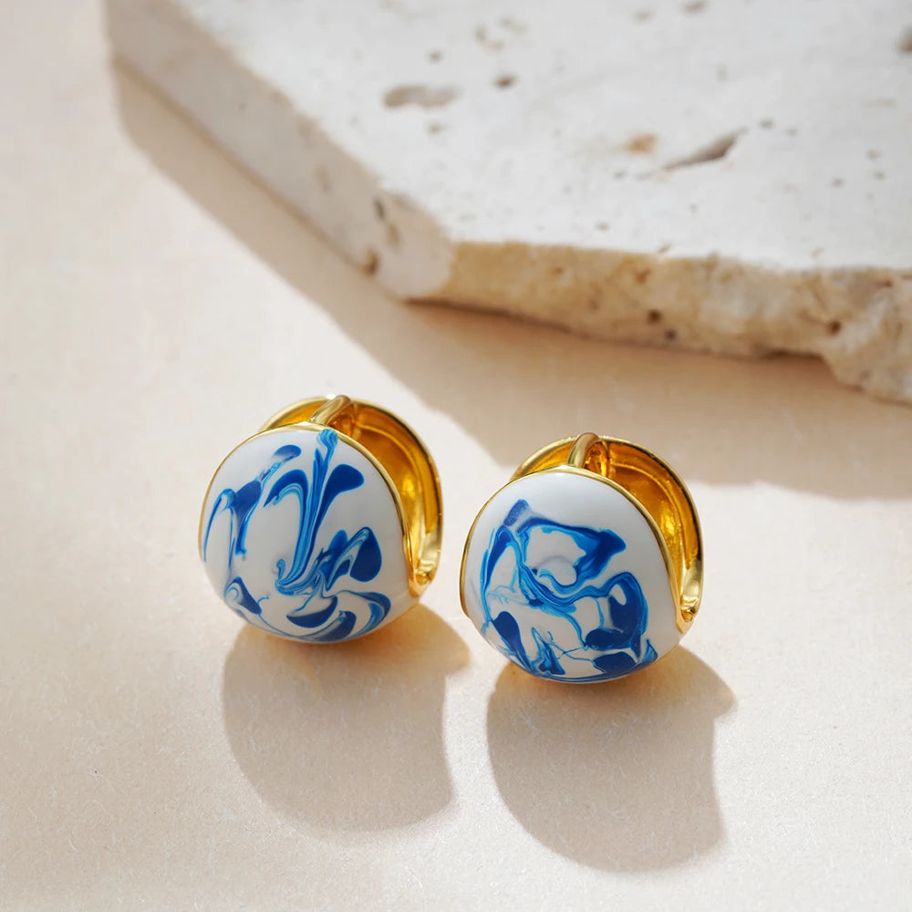 luckacco vintage white&blue flower enamel beads hoop earrings for women gold plated stainless steel huggies earring creative jewelry gift