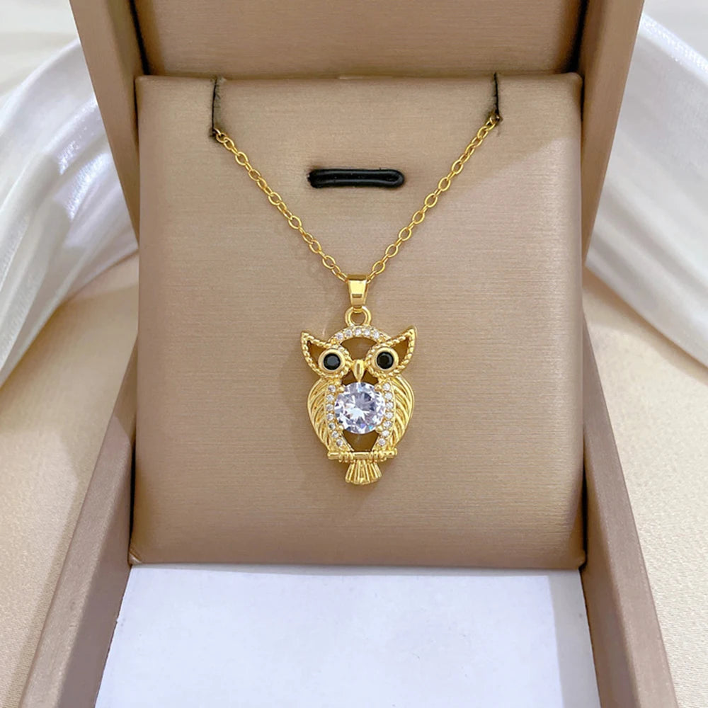 luckacco women's stainless steel owl necklace european and american popular light luxury temperament pendant collarbone chain jewelry