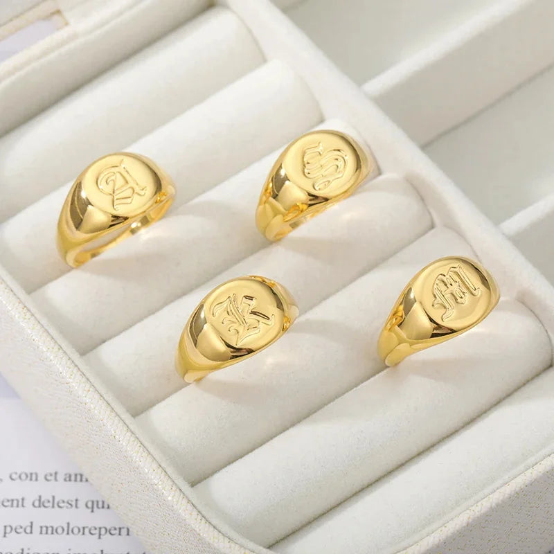 luckacco gothic a-z initial signet rings for women men wedding statement anillos best friend party gift jewelry