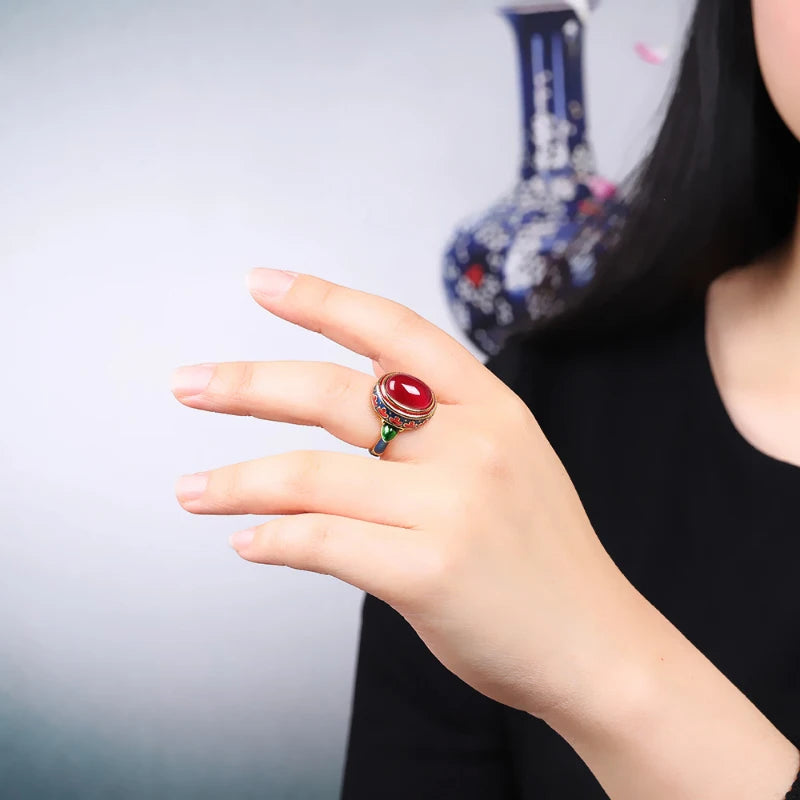 luckacco original ancient gold craftsmanship natural carnelian rings for women flower enamel national style light luxury wedding jewelry