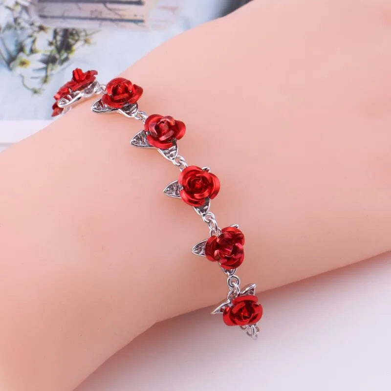 luckacco romantic adjustable red rose link chain bracelet fashion valentine gift for lover women's hand bracelets bride jewelry accessori