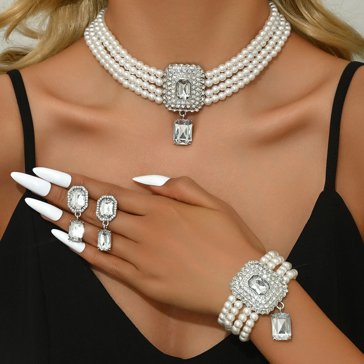 luckacco women's fashion light luxury short style imitation pearl rhinestone necklace earrings bracelet jewelry set party festival gift