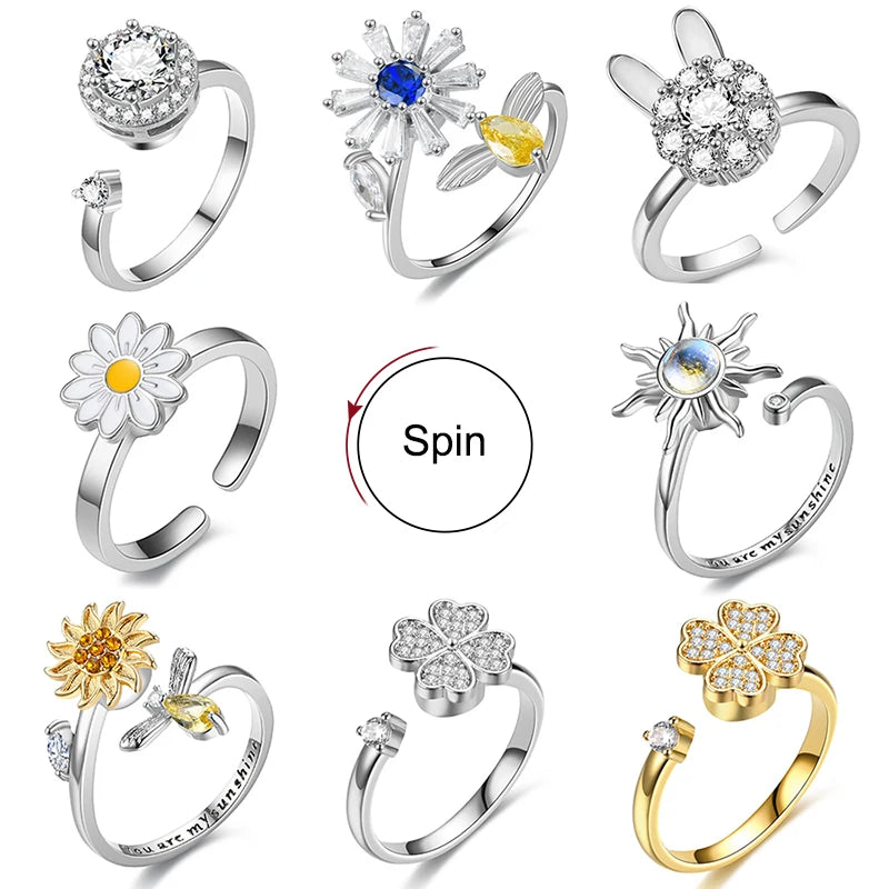luckacco titanium stainless steel ring for women rotate rotating anxiety fidget adjustable rings silver color jewelry lovely flower bee
