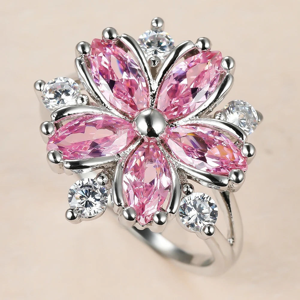 luckacco cute female pink crystal stone ring charm silver color thin wedding rings for women dainty bride flower zircon engagement ring