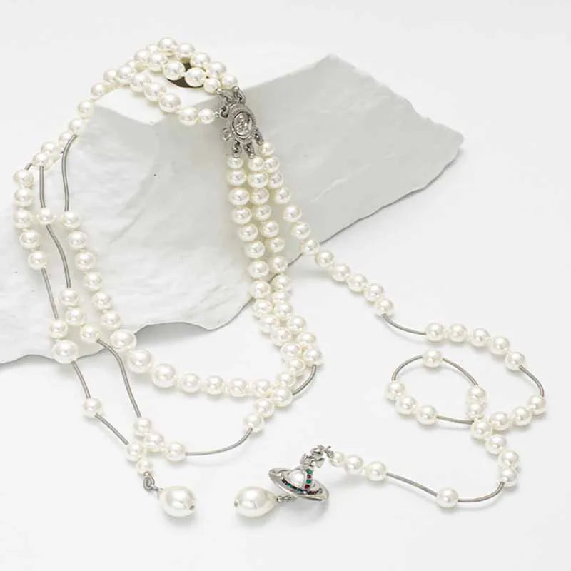 luckacco multi-layer saturn pearl necklace female high-end sense queen mother west tassel necklace sweater chain imitation pearl necklace