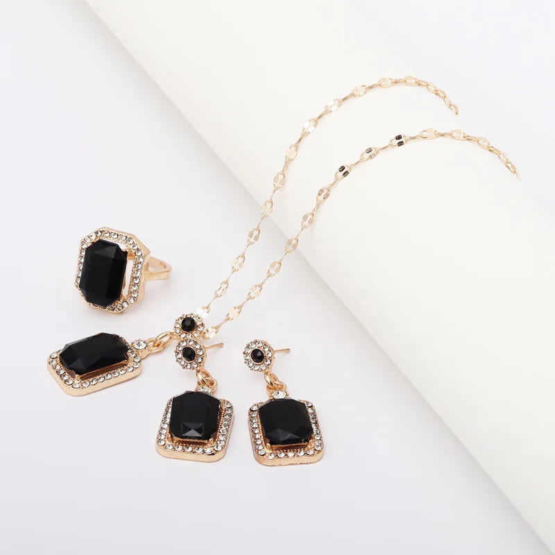 luckacco vintage emerald sets unique design light luxury temperament earrings  pendant necklace rings three-piece sets trend jewerly set