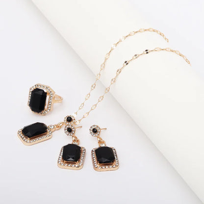 Luckacco Vintage Emerald Sets Unique Design Light Luxury Temperament Earrings  Pendant Necklace Rings Three-Piece Sets Trend Jewerly Set