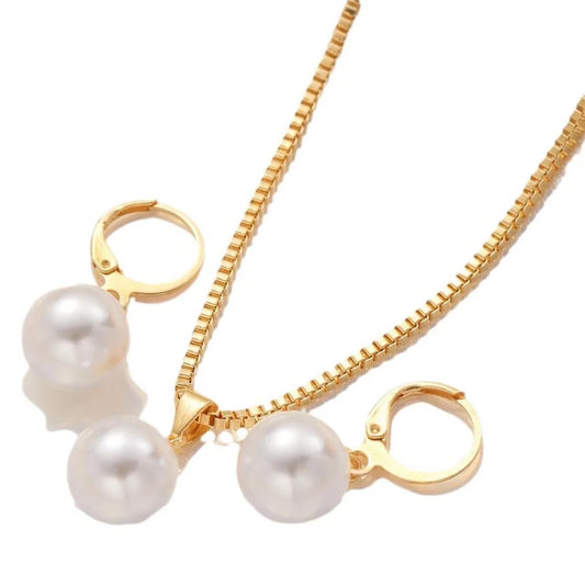 Luckacco Vintage Imitation Pearl Pendant Necklace Earring Set for Women Girl Gold Silver Color Chain Jewelry Simple Wedding Birthday Gift