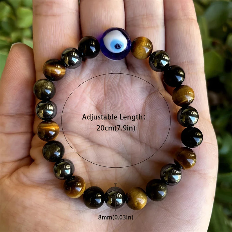 luckacco triple protection bracelet, blue tigers eye black bile obsidian evil eye beaded bracelet, handmade stretch beaded bracelets