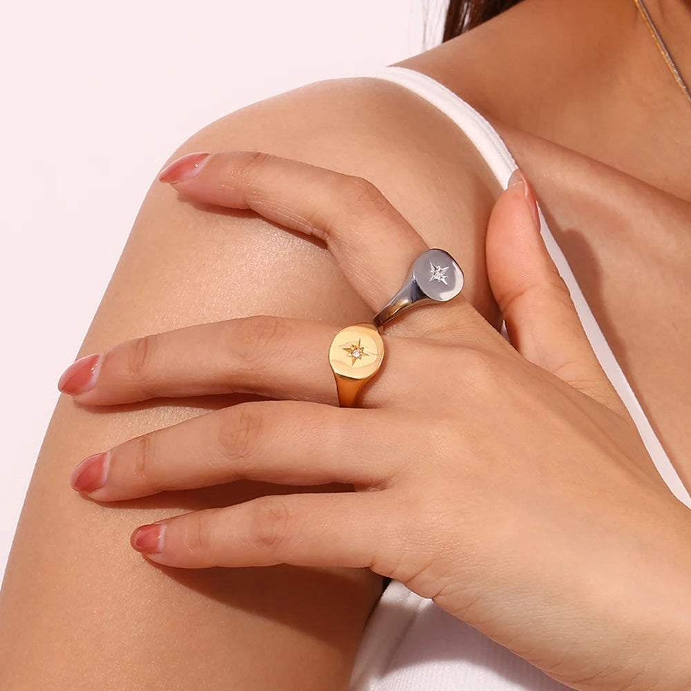 luckacco e.b.belle aspect north star seal ring silver color waterproof 316l stainless steel jewelry 18k gold plated accessories