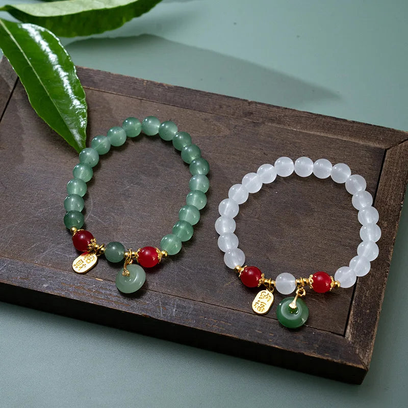 luckacco handmade good luck wealth elastic beaded bracelet imitation jade ping an buckle lucky amulet prayer bracelets for women men gift