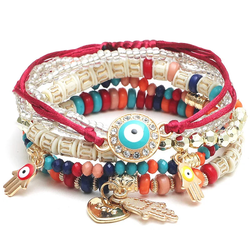 luckacco 6pcs/set bohemian evil eye bracelet set for women fatima hand heart charm beaded rope chain bangle female jewelry gift
