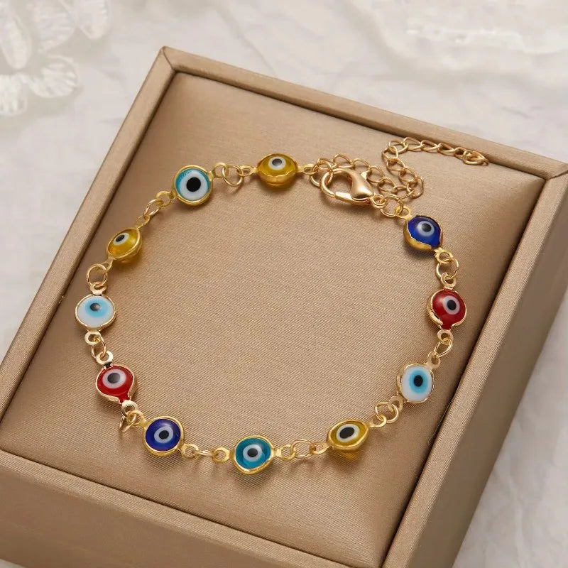 luckacco lucky turkey evil eye bracelet for women men colorful red blue eye adjustable metal chain bangles good luck wealth jewelry gifts