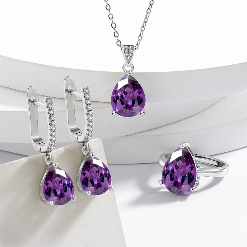 luckacco 925 sterling silver jewelry set inlaid with simulated amethyst zircon, teardrop necklace earrings ring women's elegant jewelry