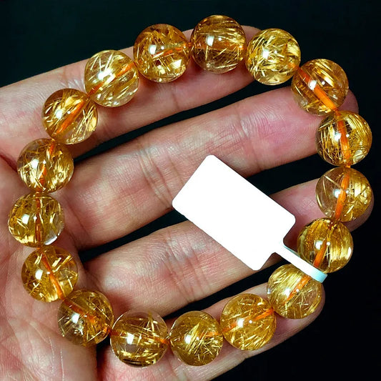 Luckacco Brazilian Golden Full Women Yellow Rutilated Quartz Bracelet for Men Gold Titaniu