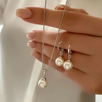 Luckacco 3 Pcs Round Pearl Jewelry Set Of Earring Pendant Necklace For Women Exquisite Fashion Rhinestone Double Wedding Jewelry Set Gift