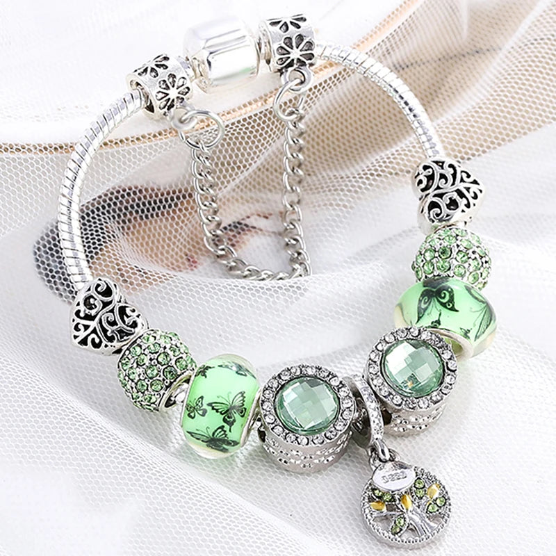 luckacco baopon new fashion life of tree crystal charm bracelet fit green color snake chain brand bracelets & bangles for women jewelry