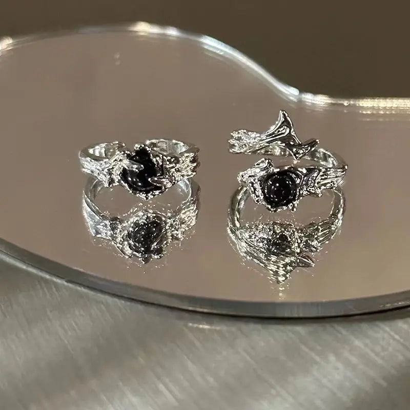 luckacco gothic irregular gemstone ring aesthetic girls adjustable black stone ring women's liquid punk ring vintage jewelry accessories