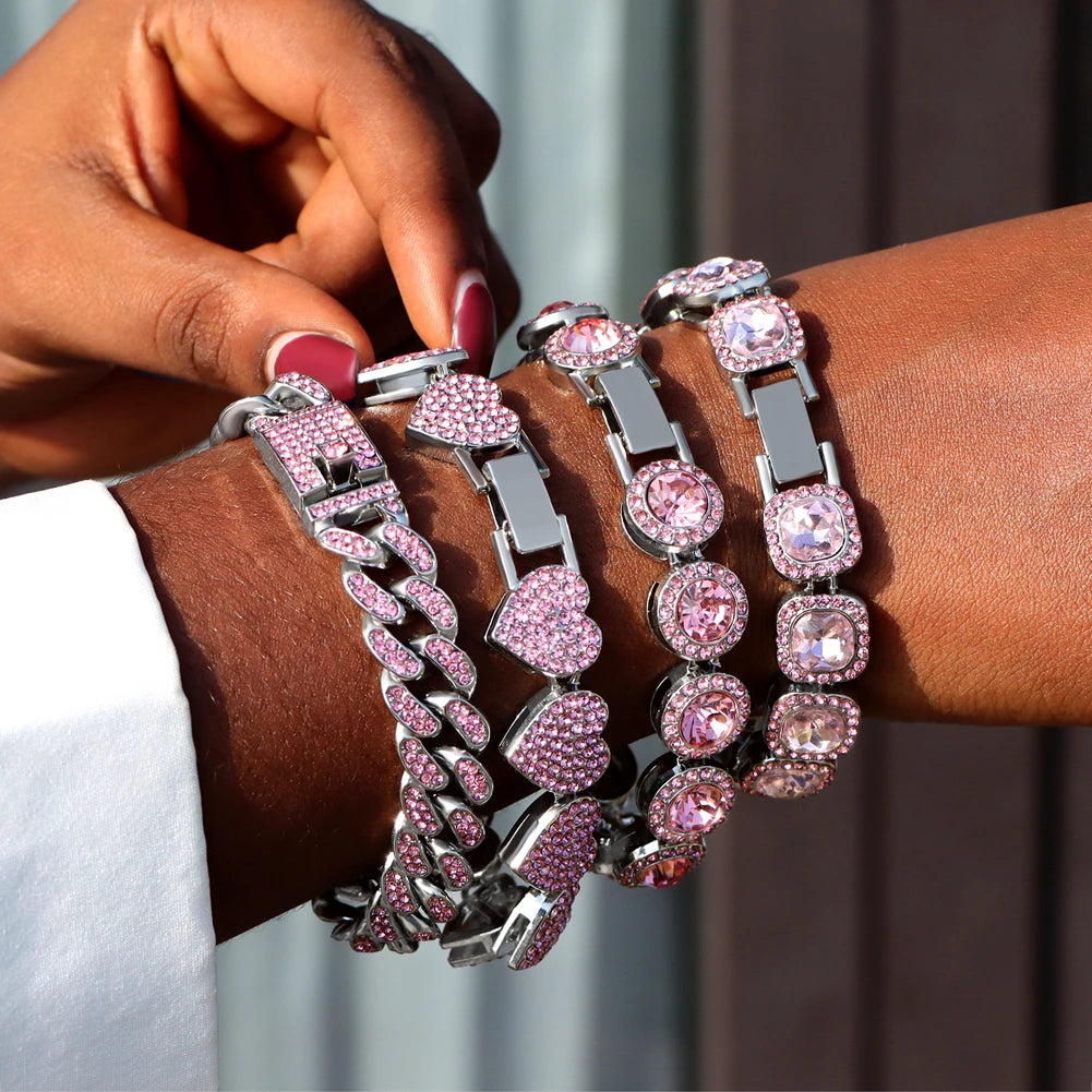 luckacco iced out pink cuban bracelet for women hip hop gold silver color crystal heart circle square bracelet 4pcs set jewelry gift