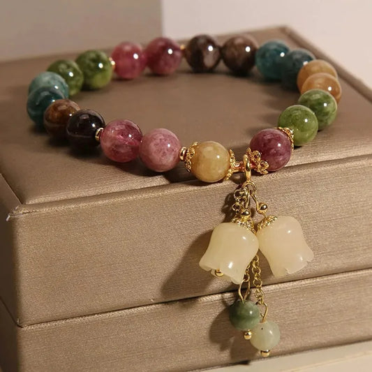 Luckacco Exquisite Natural Stone Bracelet Elegant Lily of The Valley Flower Pendant Elastic Beaded Bracelets for Women Party Jewelry Gift