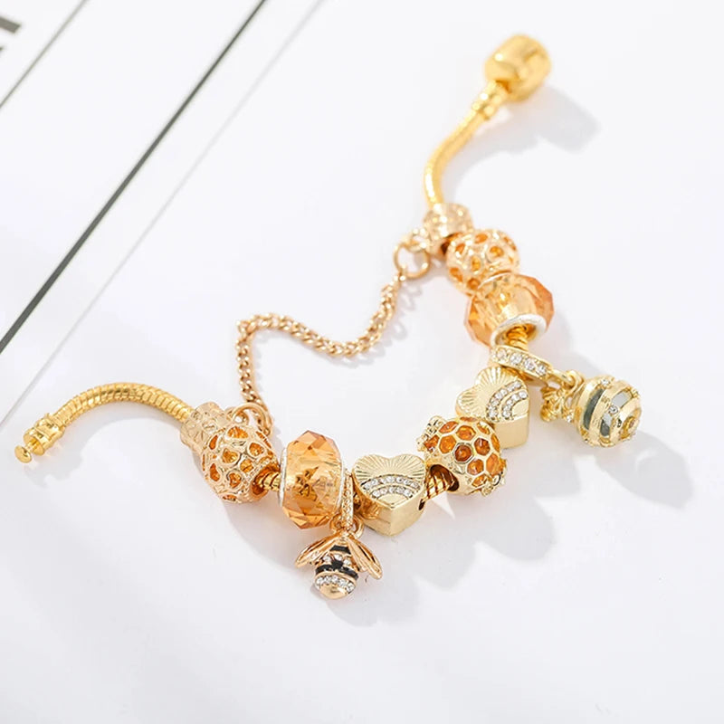 luckacco togory 2024 authentic gold color bees dangles charm bracelet white crystal beads fine bracelet for women kids birthday gifts