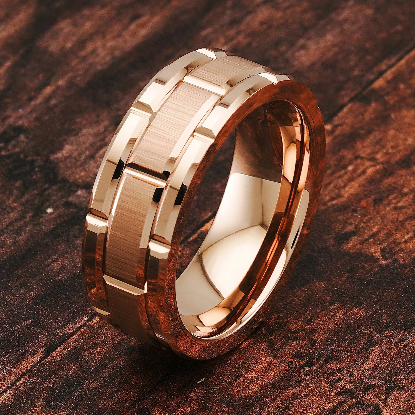 luckacco fashion men 8mm rose gold color stainless steel rings double groove pattern promise rings for men wedding jewelry accessories