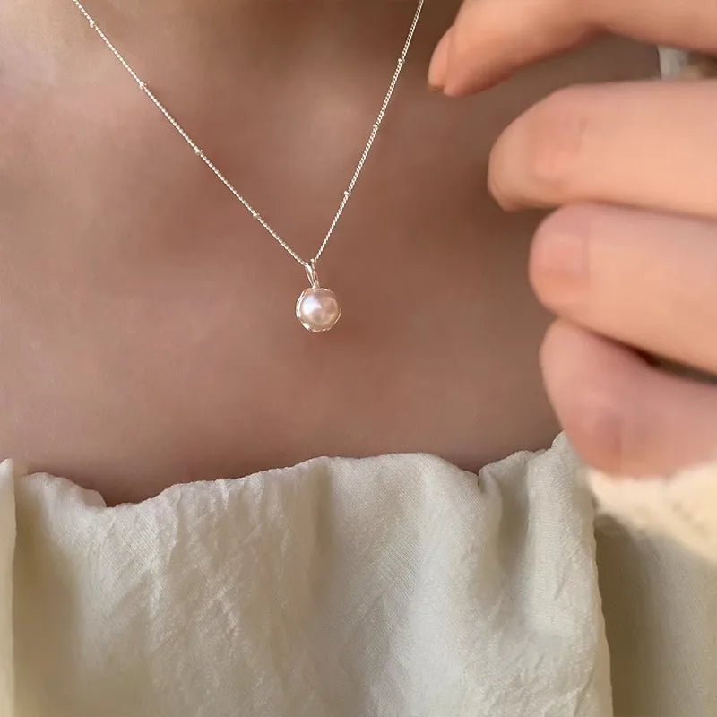 luckacco new trendy fashion 925 silver pearl simple elegant thin chain pendant necklace for women girl jewelry dropship