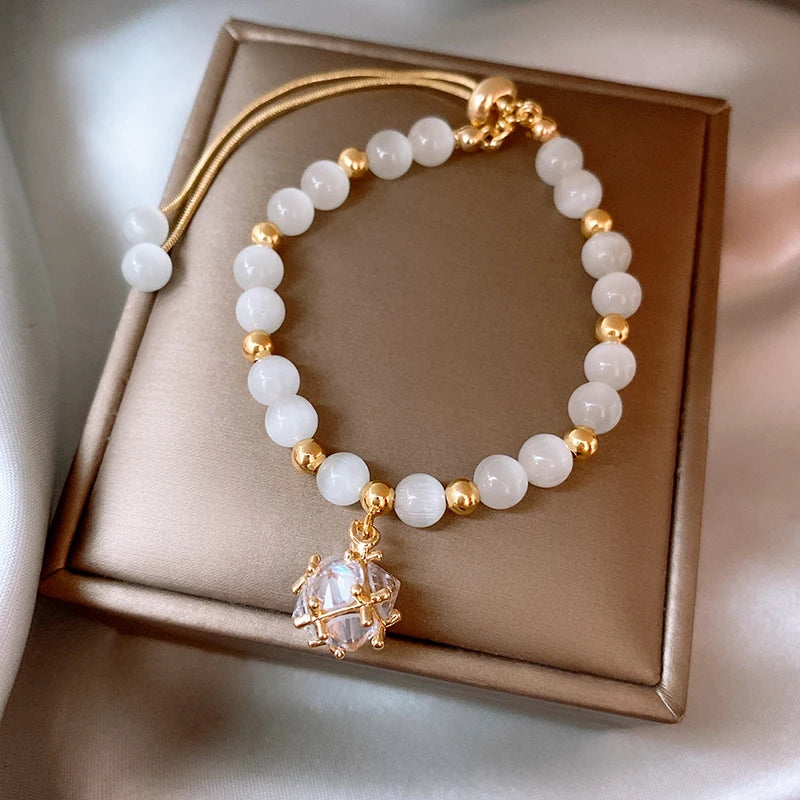 luckacco cat eye stone bead bracelet for women girls rhinestone crystal pendant bracelet exquisite adjustable bracelet wristband jewelry