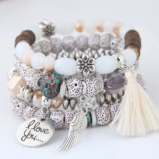 Luckacco DIEZI Bohemian Multicolor Pink Crystal Beads Bracelets Women Girls Elastic Tassel Wing Letters Rope Bracelet Pulseira Feminina