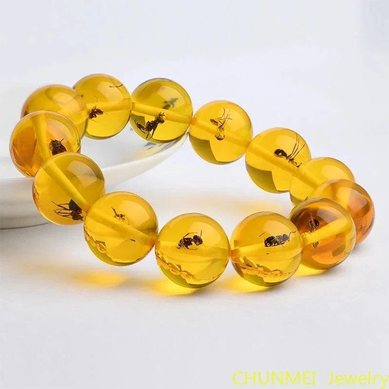 luckacco natural baltic amber elastic bracelet men women honey wax insect amber-beads beaded bangles amulet bracelets girlfriend mom gift