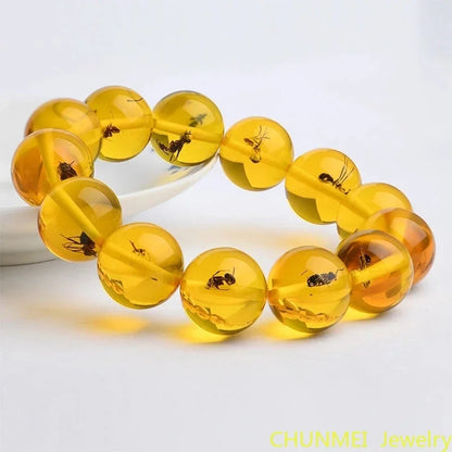 Luckacco Natural Baltic Amber Elastic Bracelet Men Women Honey Wax Insect Amber-beads Beaded Bangles Amulet Bracelets Girlfriend Mom Gift