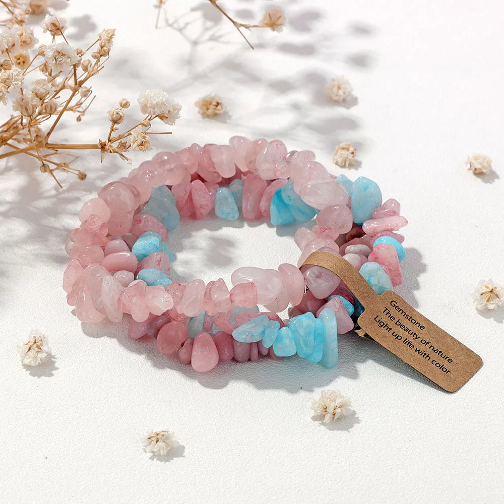 luckacco 3pcs natural chip stone bracelet set irregular fluorite quartzs stretch bracelet with tag healing jewelry gifts for women men