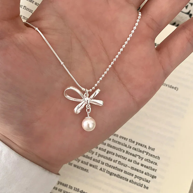 luckacco new trendy fashion 925 silver pearl simple elegant thin chain pendant necklace for women girl jewelry dropship